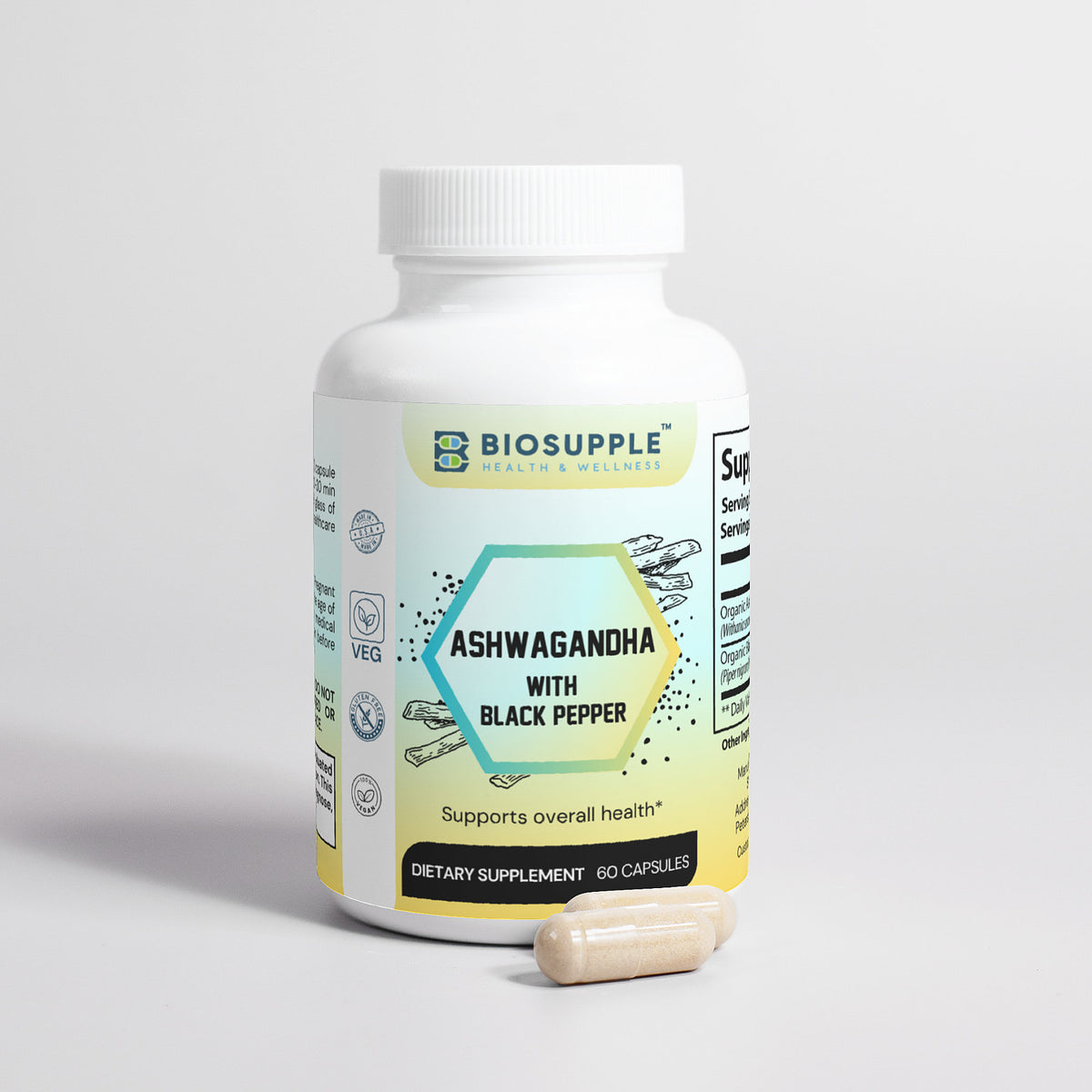 ashwagandha with black pepper dietary supplement, supports overall health, stress relief supplement, Biosupple, USA