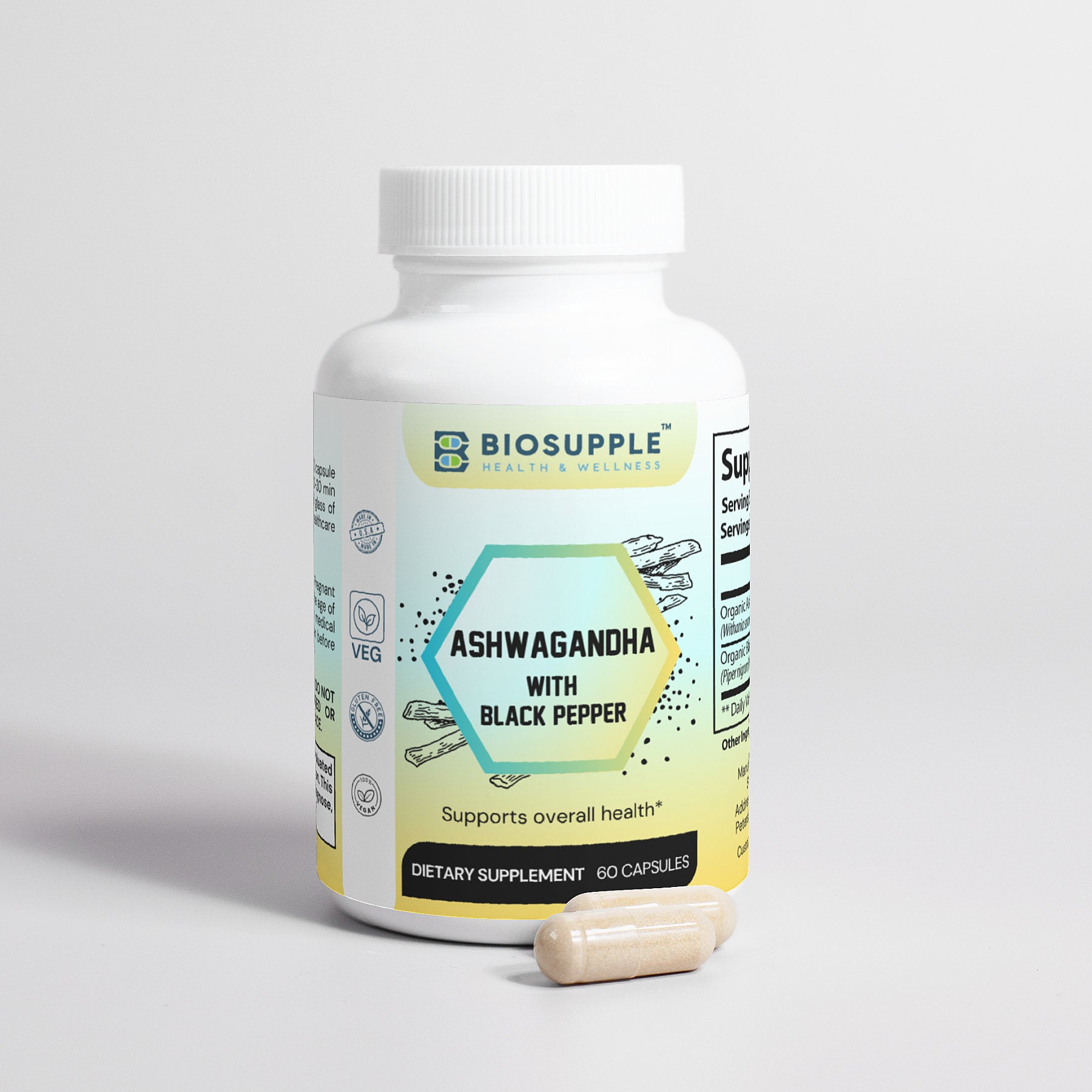 ashwagandha with black pepper dietary supplement, supports overall health, stress relief supplement, Biosupple, USA