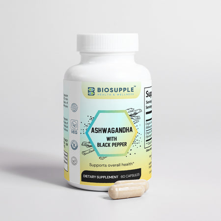ashwagandha with black pepper dietary supplement, supports overall health, stress relief supplement, Biosupple, USA
