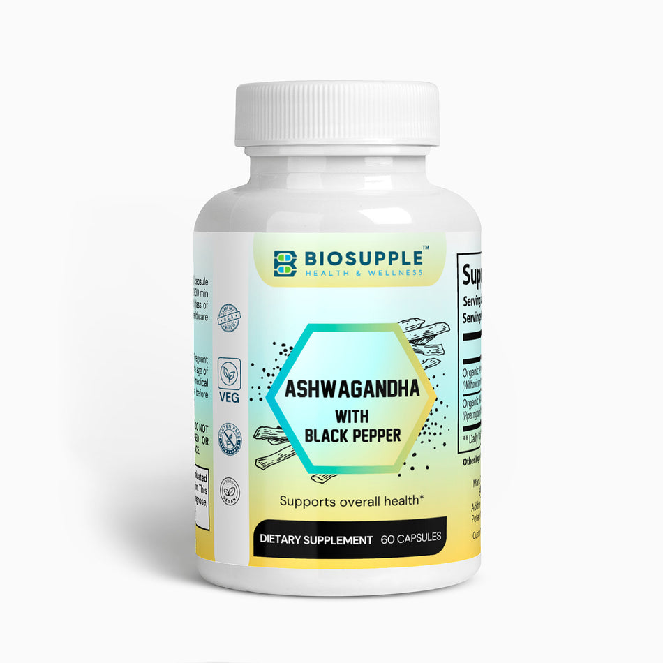 ashwagandha with black pepper dietary supplement, supports overall health, stress relief supplement, Biosupple, USA