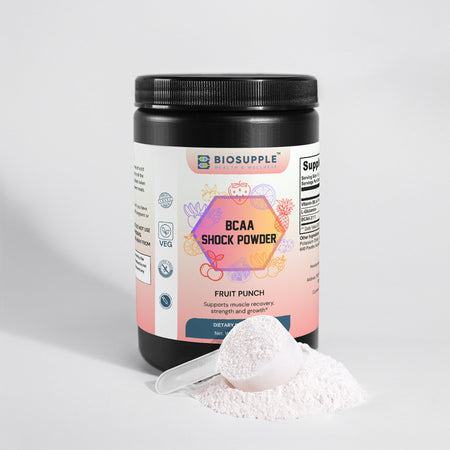 bca shock powder dietary supplement, fruit punch, supports muscle recovery, strength and growth, Biosupple, USA