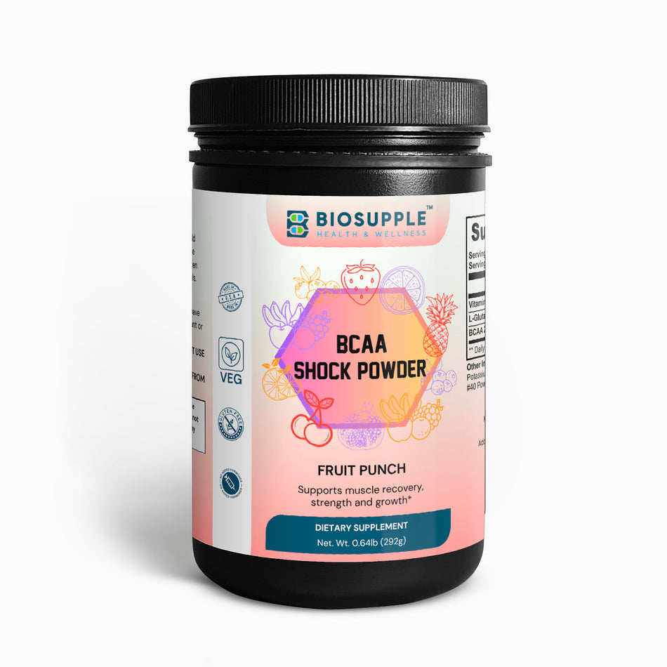 bca shock powder dietary supplement, fruit punch, supports muscle recovery, strength and growth, Biosupple, USA
