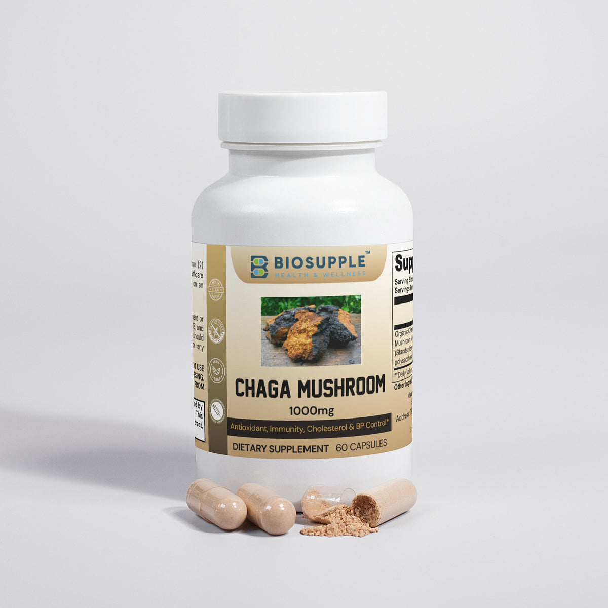 chaga mushroom dietary supplement, antioxidant, immunity, cholesterol, bp control, Biosupple, USA