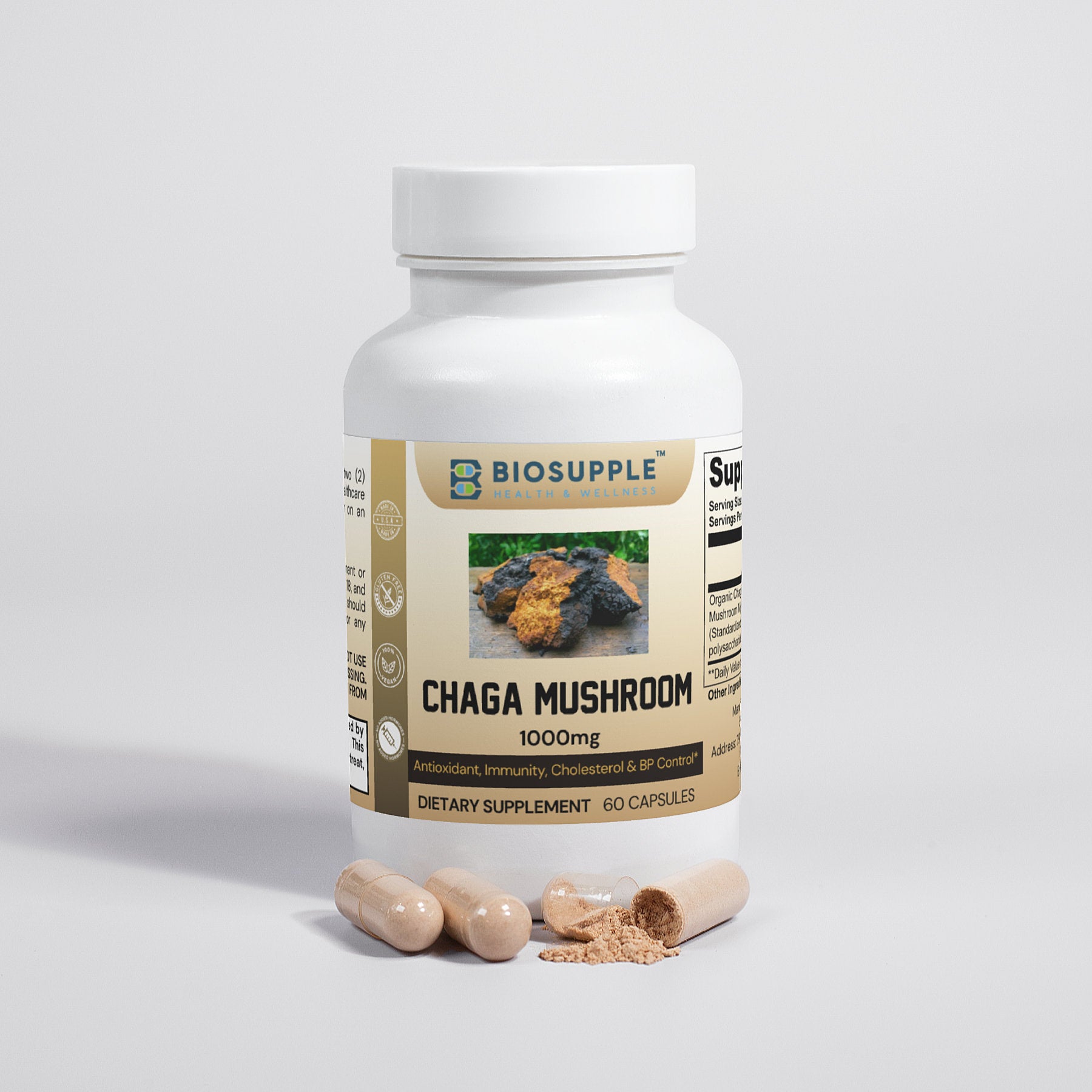 chaga mushroom dietary supplement, antioxidant, immunity, cholesterol, bp control, Biosupple, USA