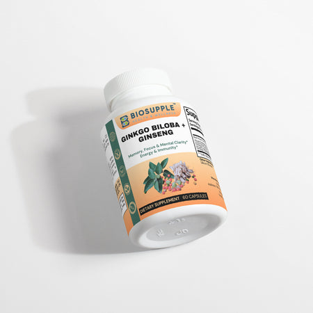 ginko biloba, ginseng mushroom dietary supplement, memory, focus and mental clarity, energy and immunity, Biosupple, USA