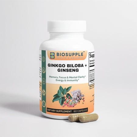 ginko biloba, ginseng mushroom dietary supplement, memory, focus and mental clarity, energy and immunity, Biosupple, USA