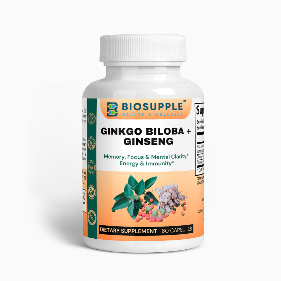 ginko biloba, ginseng mushroom dietary supplement, memory, focus and mental clarity, energy and immunity, Biosupple, USA