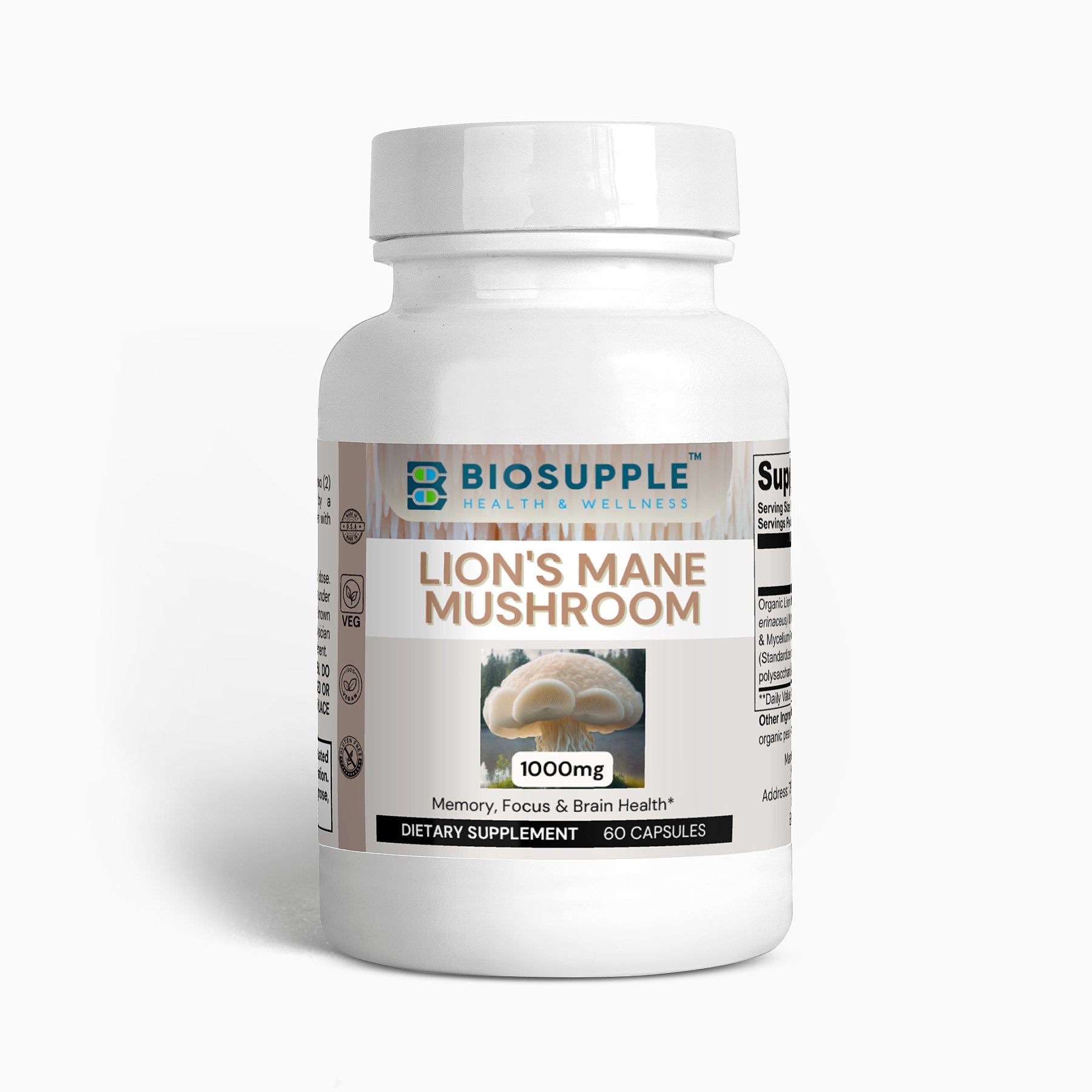lion's mane mushroom dietary supplement, memory, focus & brain health, Biosupple, USA