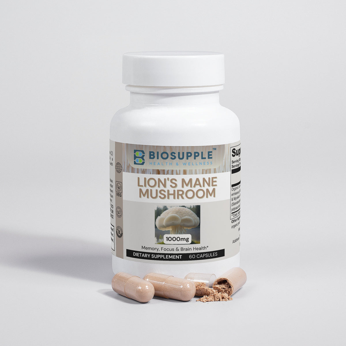 lion's mane mushroom dietary supplement, memory, focus & brain health, Biosupple, USA
