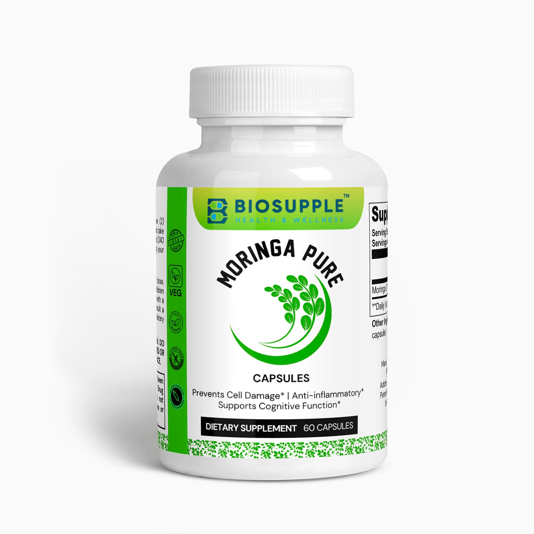 moringa pure dietary supplement, prevents cell damage, anti-inflammatory, supports cognitive functions, Biosupple, USA
