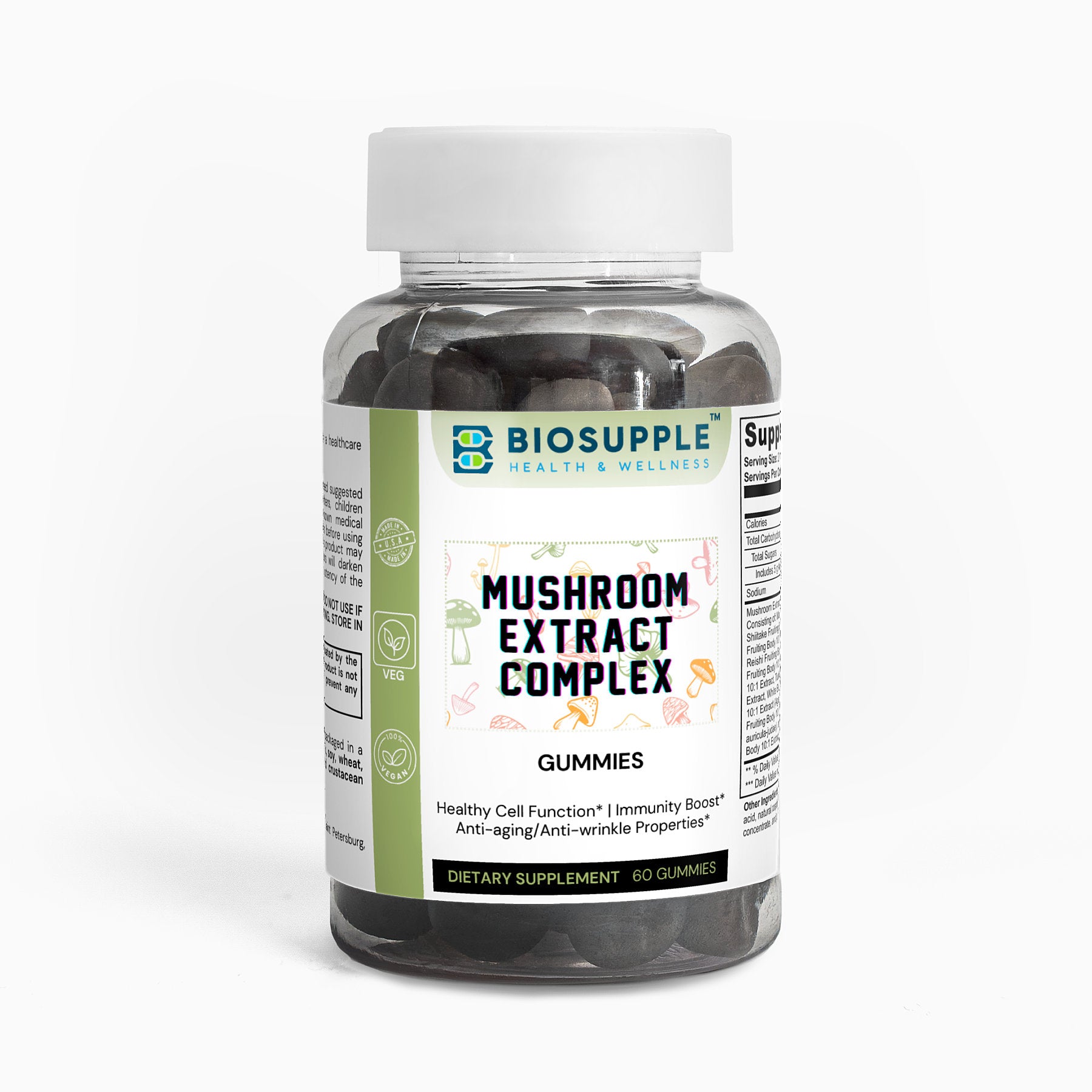 mushroom extract complex dietary supplement, gummies, healthy cell function, immunity boost, anti-aging properties, anti-wrinkle properties, Biosupple, USA