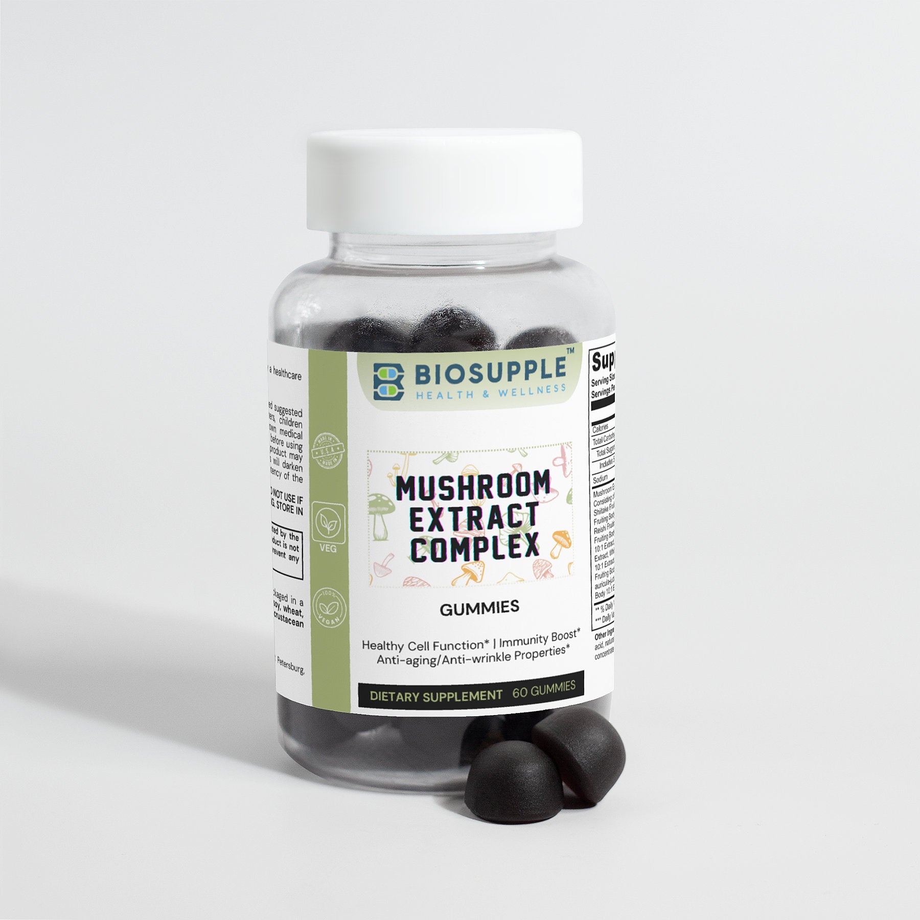 mushroom extract complex dietary supplement, gummies, healthy cell function, immunity boost, anti-aging properties, anti-wrinkle properties, Biosupple, USA