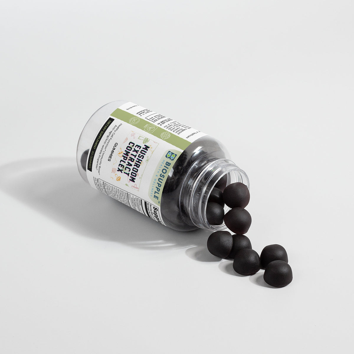 mushroom extract complex dietary supplement, gummies, healthy cell function, immunity boost, anti-aging properties, anti-wrinkle properties, Biosupple, USA