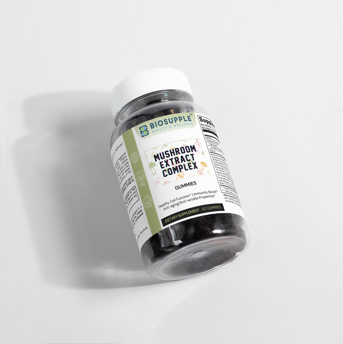mushroom extract complex dietary supplement, gummies, healthy cell function, immunity boost, anti-aging properties, anti-wrinkle properties, Biosupple, USA