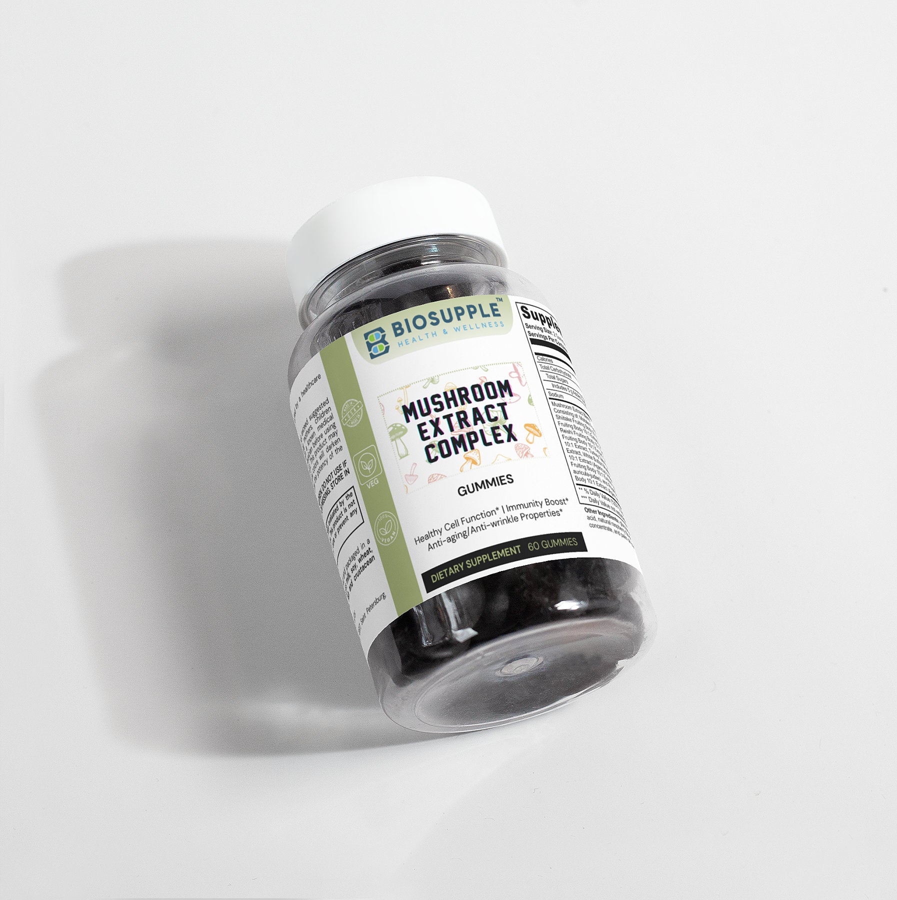 mushroom extract complex dietary supplement, gummies, healthy cell function, immunity boost, anti-aging properties, anti-wrinkle properties, Biosupple, USA