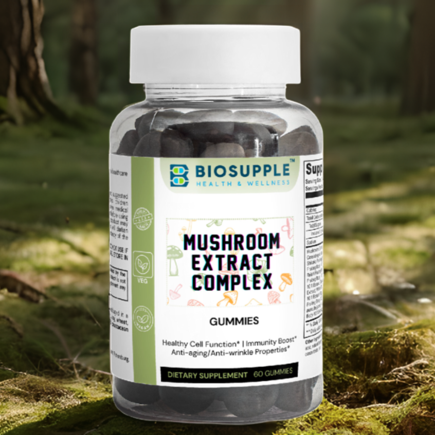 mushroom extract complex dietary supplement, gummies, healthy cell function, immunity boost, anti-aging properties, anti-wrinkle properties, Biosupple, USA