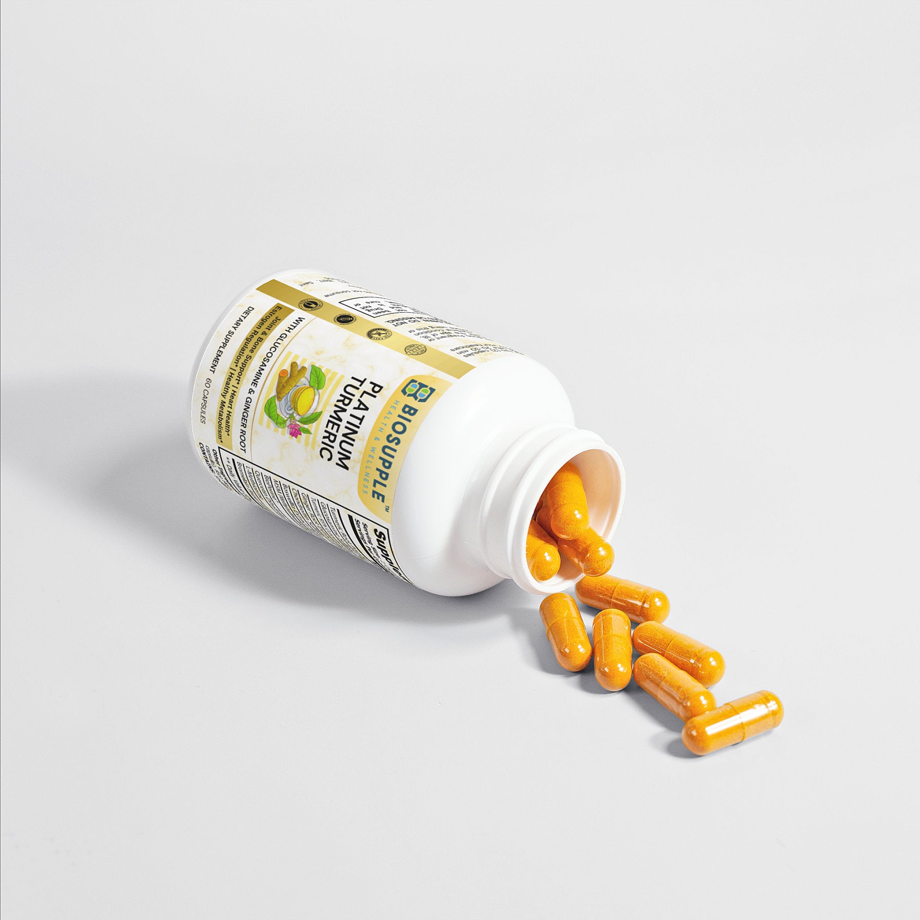 platinum turmeric dietary supplement with glucosamine & ginger root, joint & bone support, heart health, estrogen regulation, healthy metabolism, Biosupple, USA