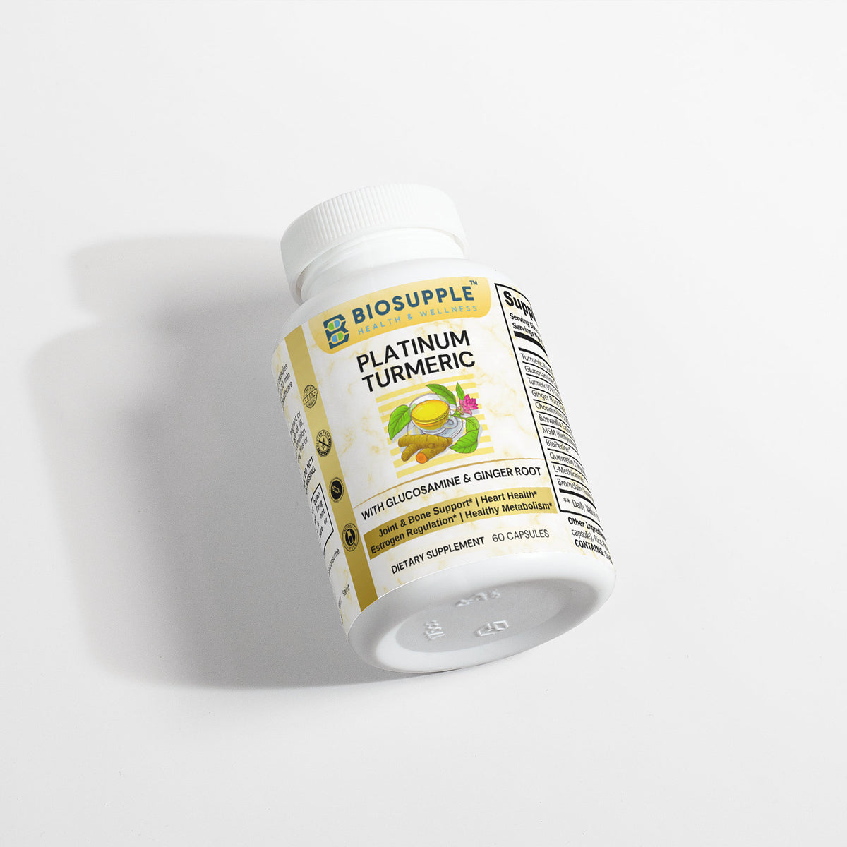 platinum turmeric dietary supplement with glucosamine & ginger root, joint & bone support, heart health, estrogen regulation, healthy metabolism, Biosupple, USA