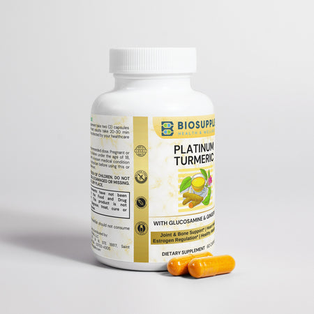 platinum turmeric dietary supplement with glucosamine & ginger root, joint & bone support, heart health, estrogen regulation, healthy metabolism, Biosupple, USA