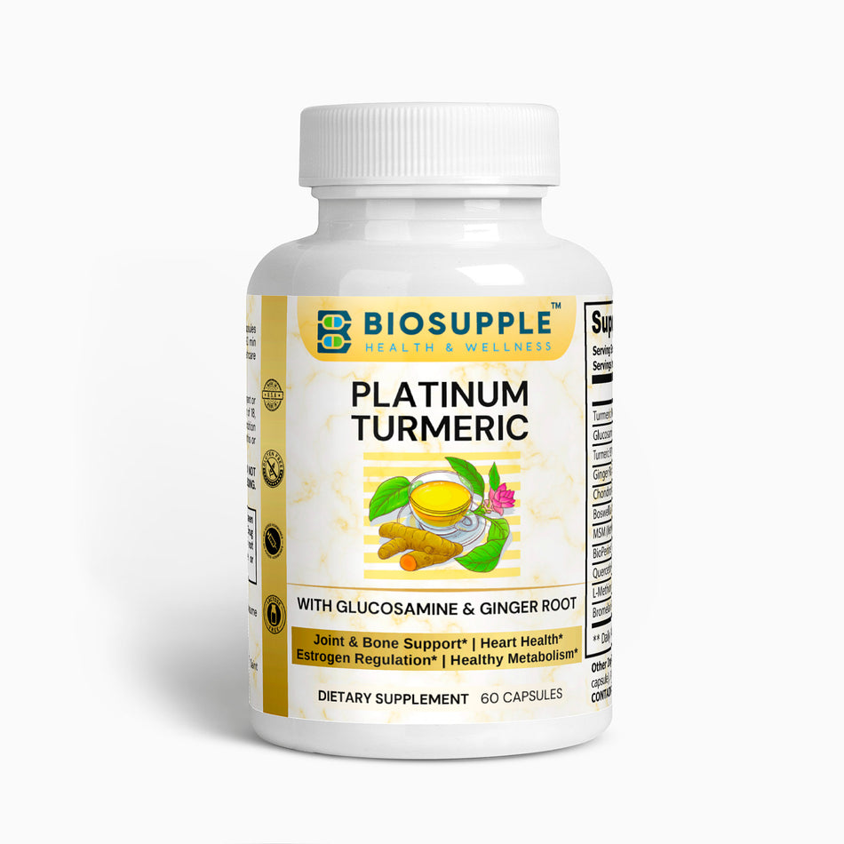 platinum turmeric dietary supplement with glucosamine & ginger root, joint & bone support, heart health, estrogen regulation, healthy metabolism, Biosupple, USA