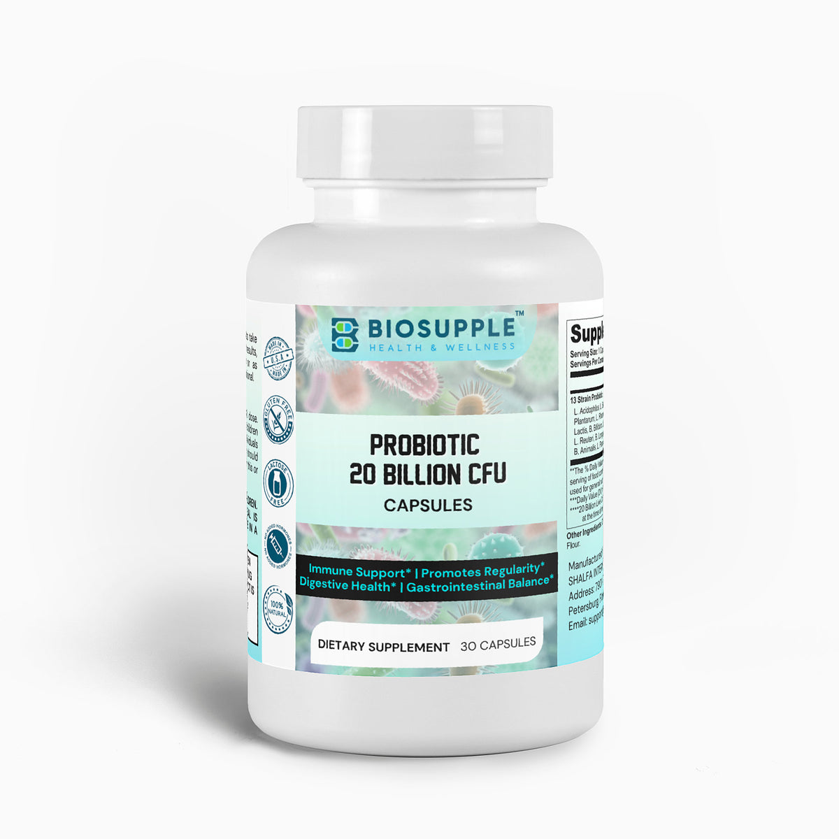 probiotic 20 billion cfu dietary supplement, immune support, promote regularity, digestive health, gastrointestinal balance, Biosupple, USA