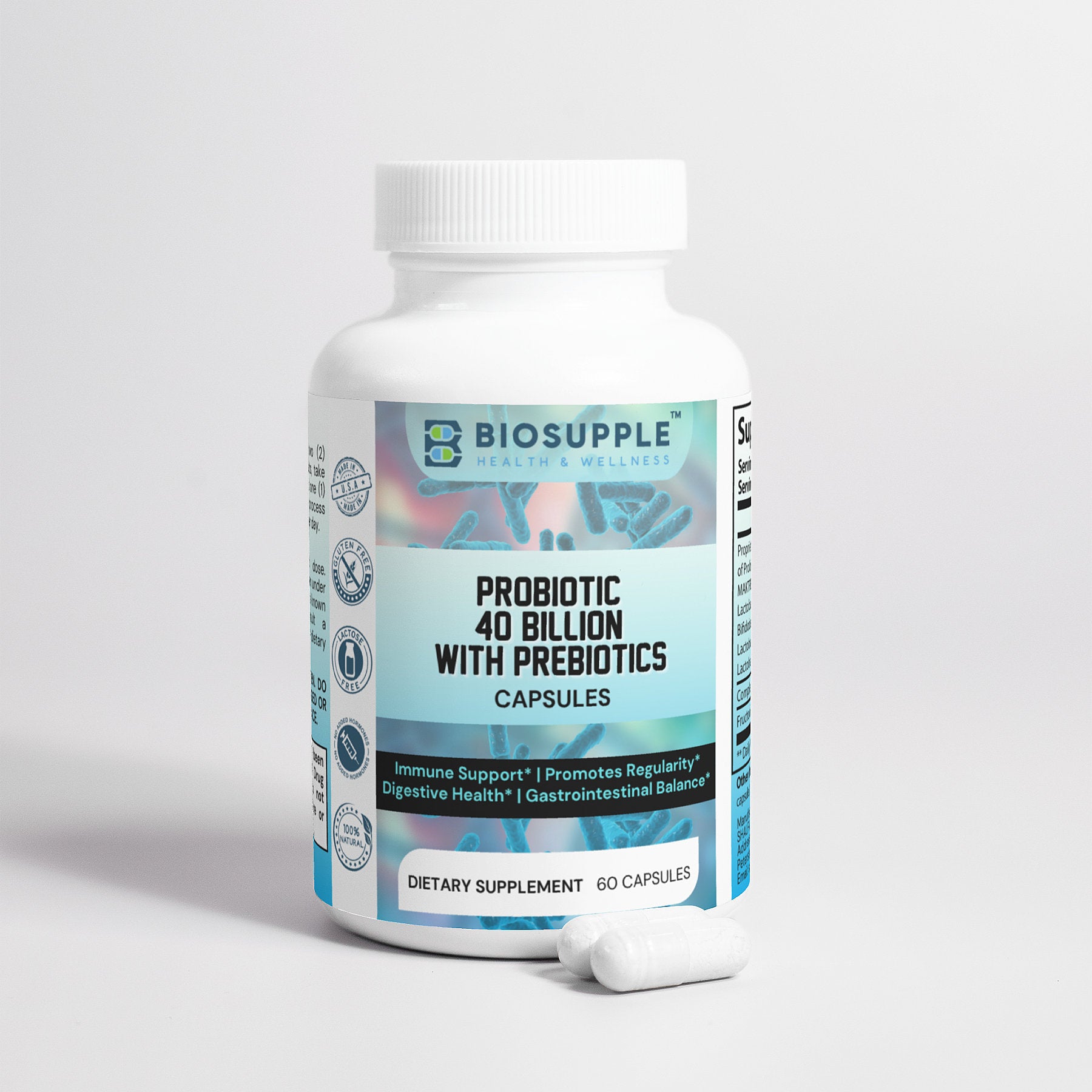 probiotic 20 billion cfu dietary supplement, immune support, promote regularity, digestive health, gastrointestinal balance, Biosupple, USA