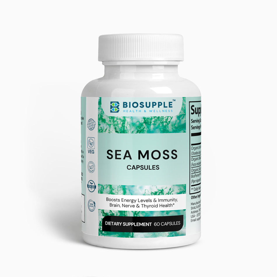 sea moss dietary supplement, boosts energy level, boosts immunity, brain health, nerve health, thyroid health, Biosupple, USA