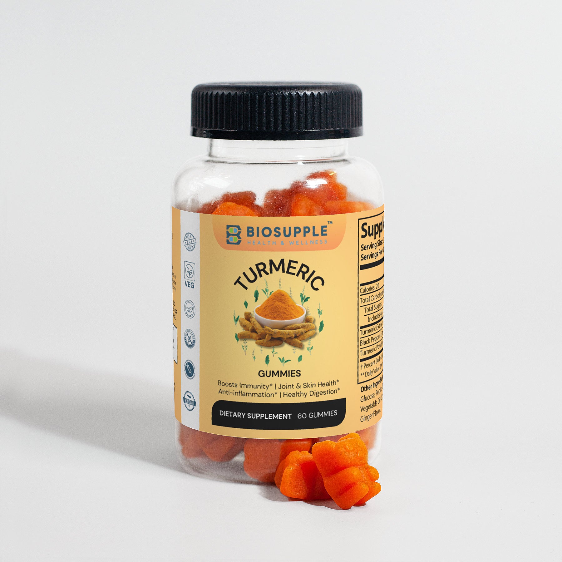 turmeric gummies dietary supplement, boosts immunity, joint & skin health, anti-inflammation, healthy digestion, Biosupple, USA